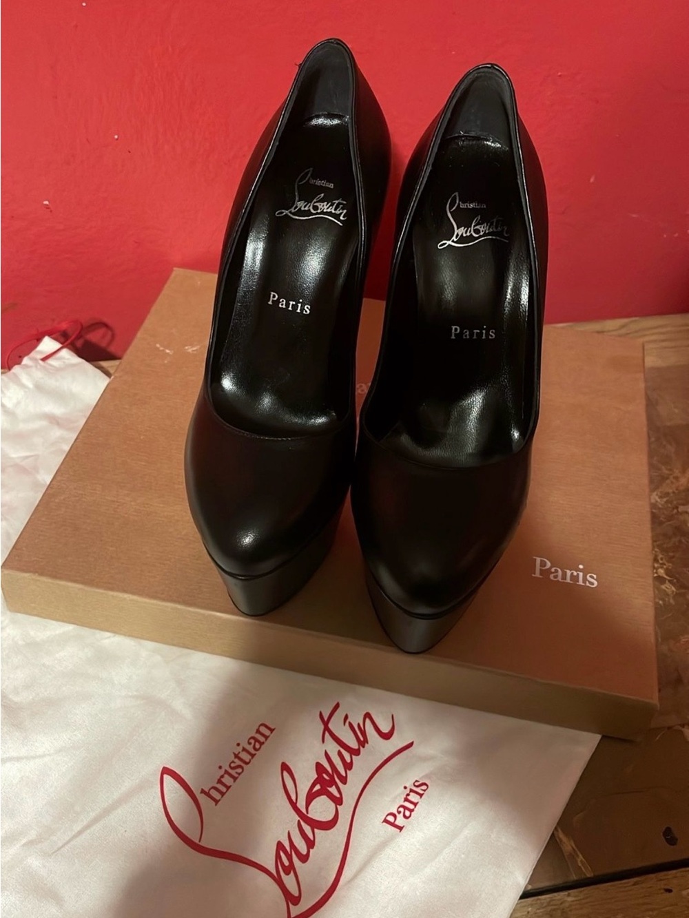 Christian Louboutin Black Leather Platform Pumps with Rounded Toe